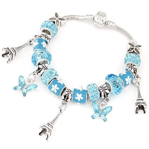 Blue European Bracelet with Eiffel Tower Pendants